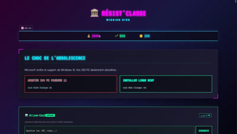 Écran du jeu Résist'Classe réalisé à la Nuit de l'Info