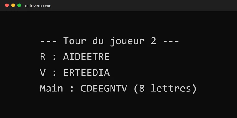 Capture d'une partie d'Octo Verso en console : rail recto/verso et main du joueur