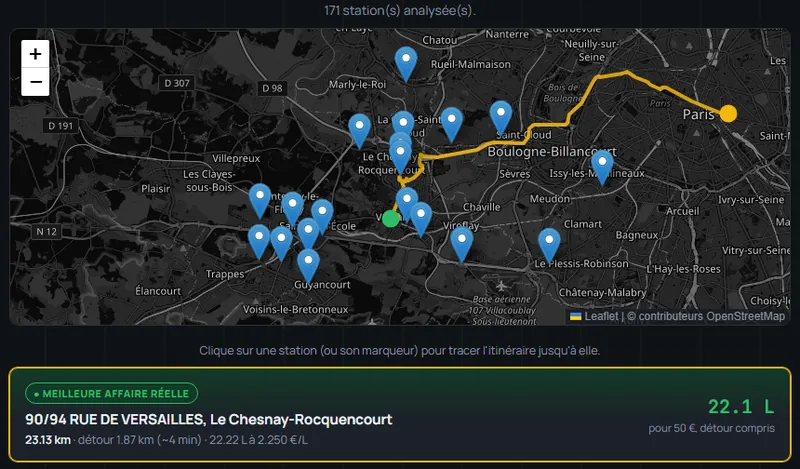 Recherche Paris - Versailles : 171 stations analysées, itinéraire sur la carte et meilleure station détour compris