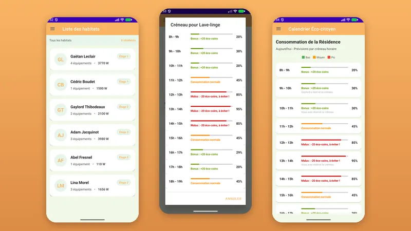 Trois écrans de PowerHome : liste des habitats, choix d'un créneau coloré selon la charge, calendrier éco-citoyen