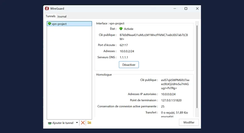 Client WireGuard Windows avec le tunnel vpn-project activé